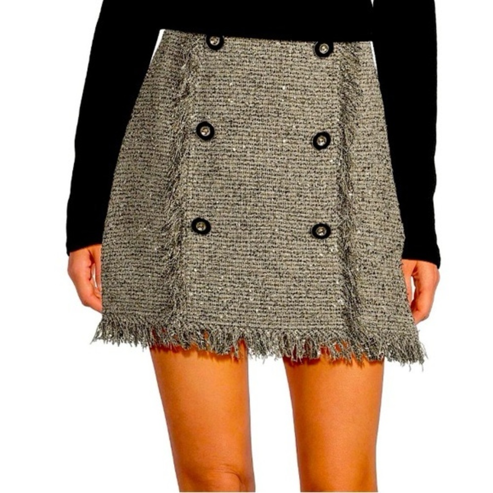 A Loves A Metallic Tweed Fringe High Rise Button Front Mini Skirt Size 2 NWT